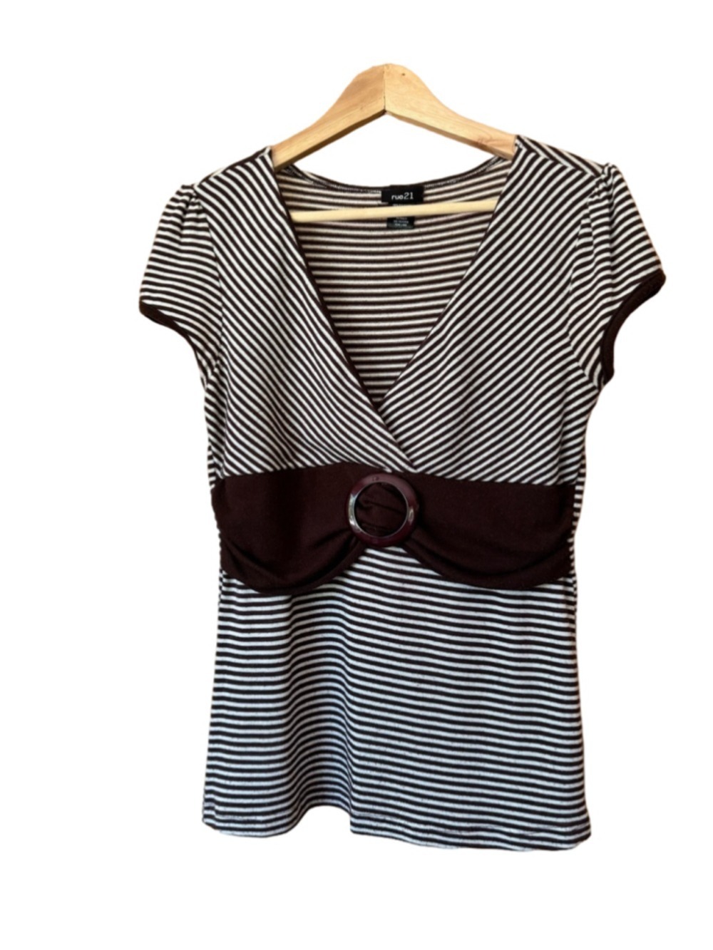 Vintage Rue21 Brown White Striped Mock Wrap Top with Waist Accent size